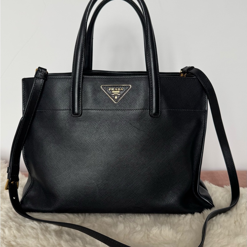 Prada Black Saffiano Satchel with Gold Logo
